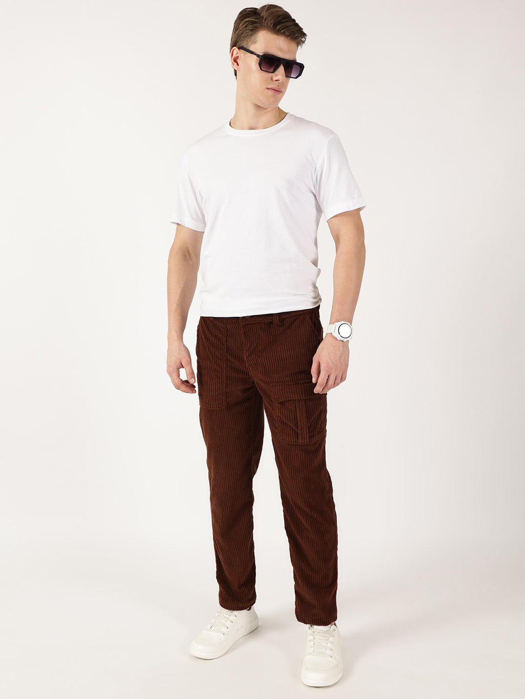 Thomas Scott Men Brown Smart Straight Fit Corduroy Cargo Trouser
