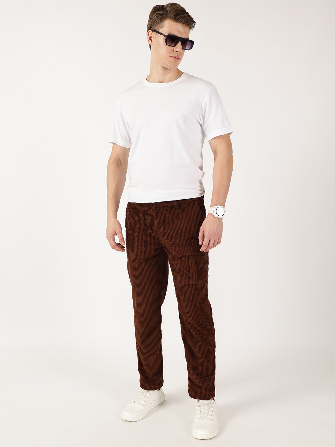 Thomas Scott Men Brown Smart Straight Fit Corduroy Cargo Trouser