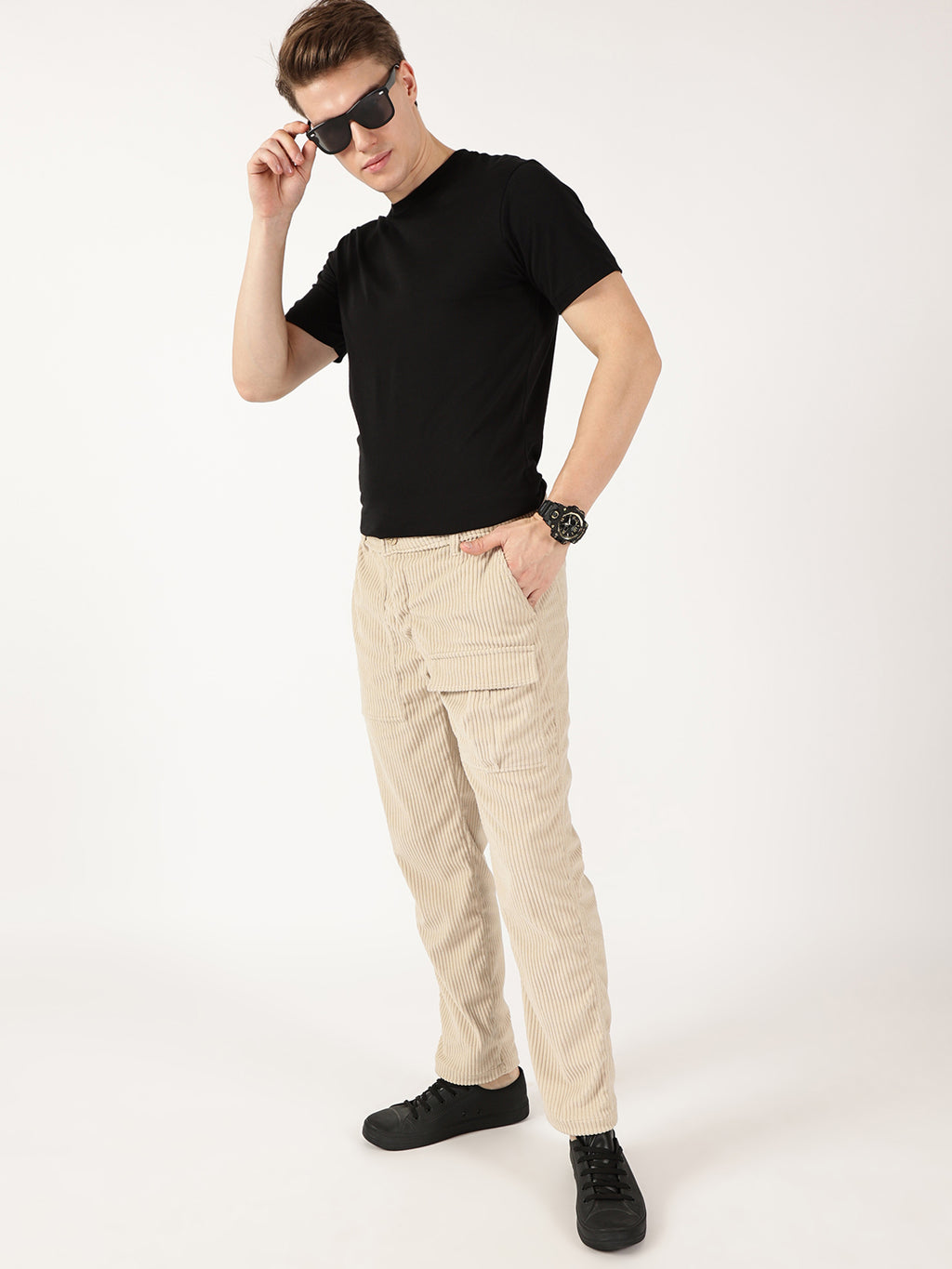 Thomas Scott Men Fawn Smart Straight Fit Corduroy Cargo Trouser