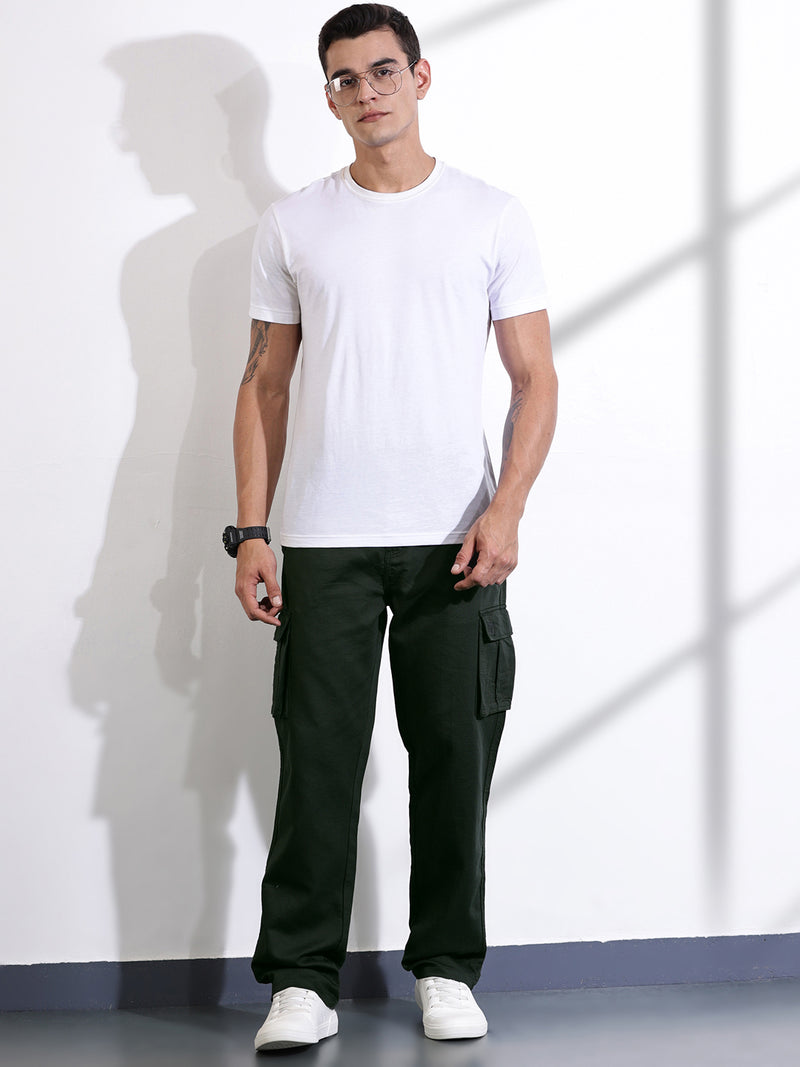 Thomas Scott Men DarkGreen Relaxed Fit Solid Cargo Trousers