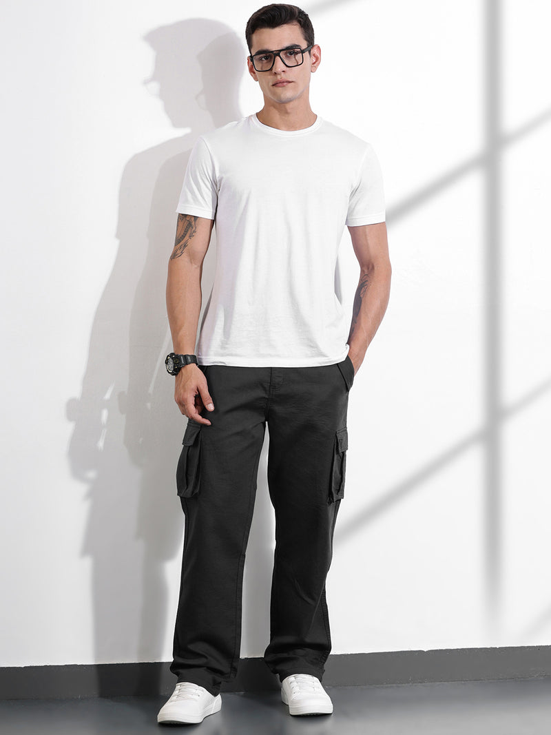 Thomas Scott Men DarkGrey Relaxed Fit Solid Cargo Trousers
