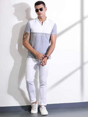 Grey Melange Colourblocked Polo Collar Cotton T-shirt