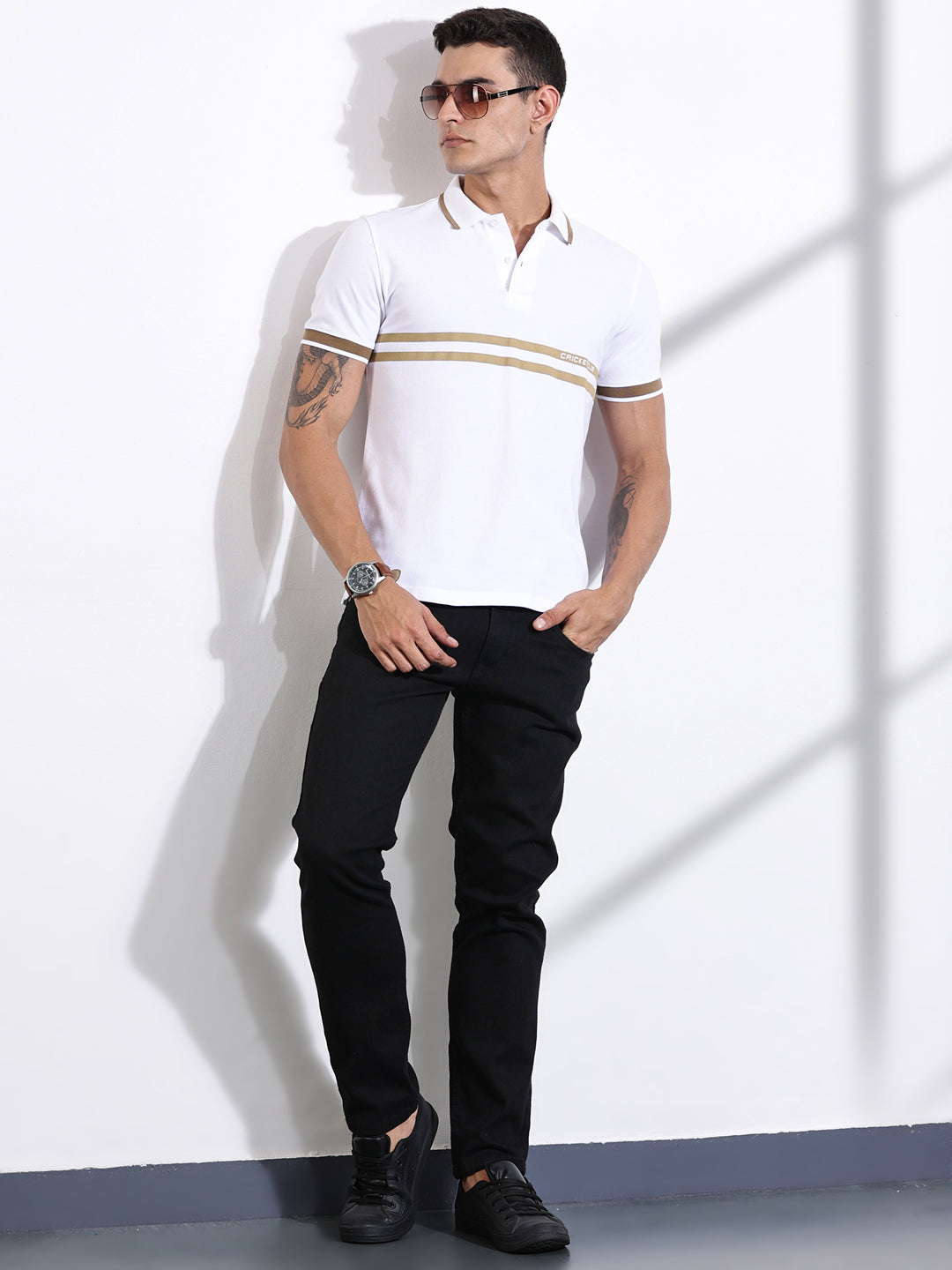 Thomas Scott Men White Striped Polo Collar Cotton T-shirt