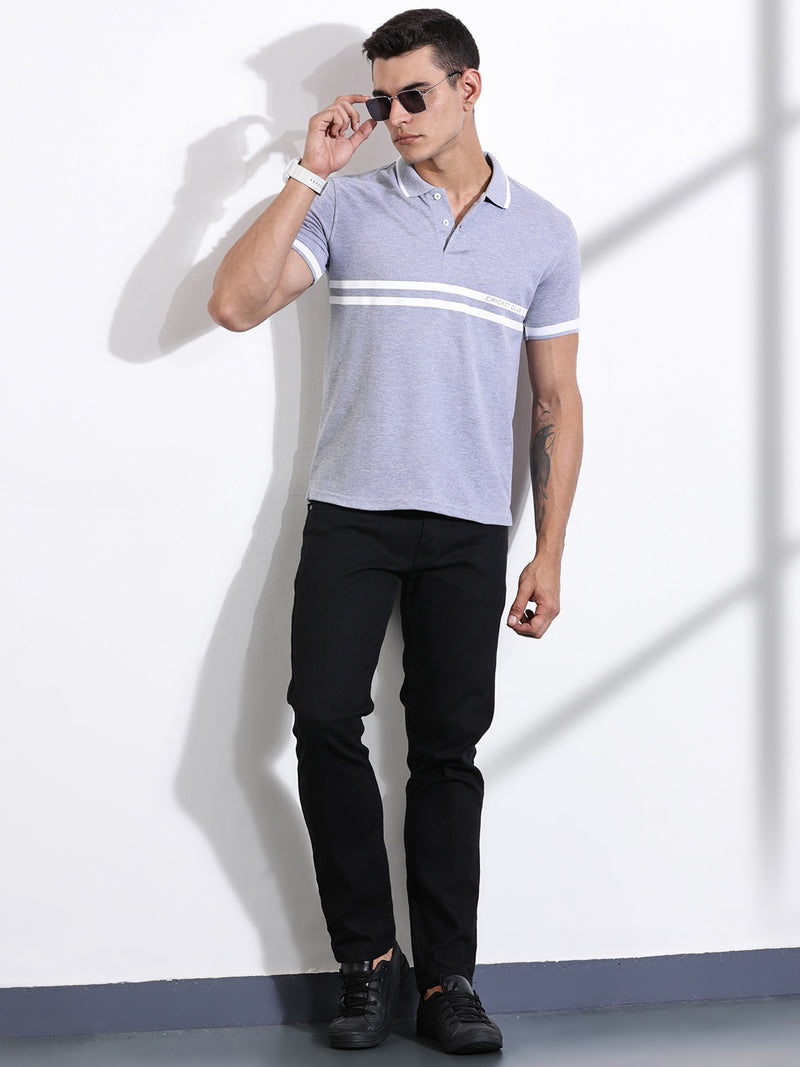 Thomas Scott Men Grey Mel Striped Polo Collar Cotton T-shirt