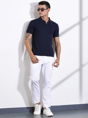 Thomas Scott Men Royal Blue Solid Polo Collar Cotton T-shirt