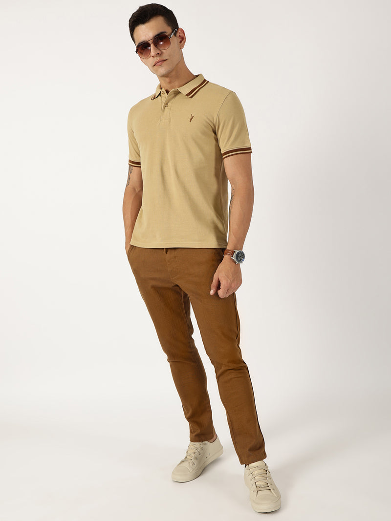 Thomas Scott Men Beige Solid Polo Collar Cotton T-shirt