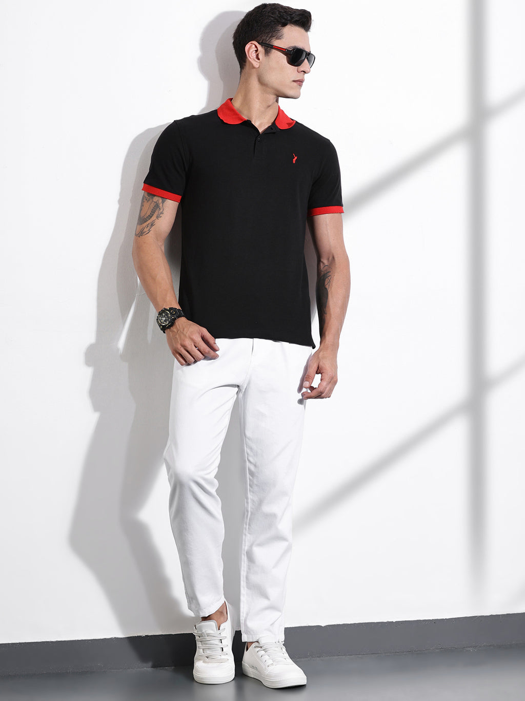 Thomas Scott Men Black Polo Collar Applique T-shirt