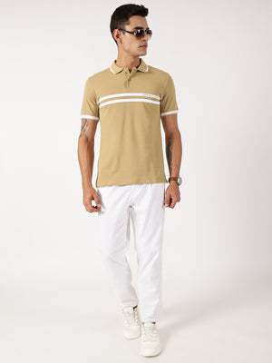 Thomas Scott Men Beige Solid Polo Collar Cotton T-shirt