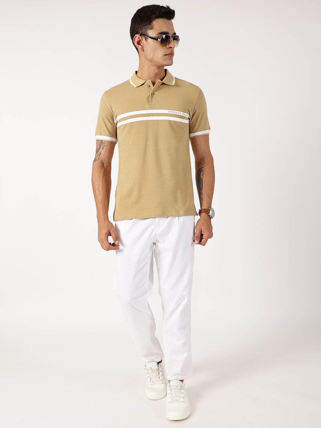 Thomas Scott Men Beige Solid Polo Collar Cotton T-shirt
