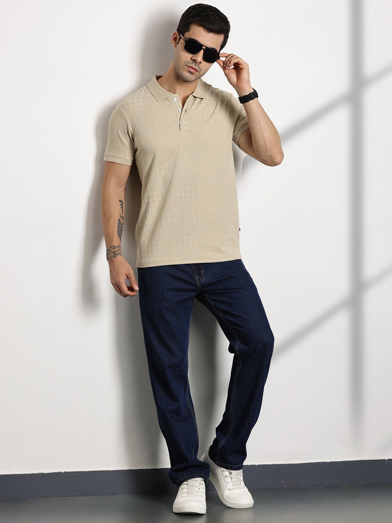 Thomas Scott Men Beige Textured Polo Collar T-shirt