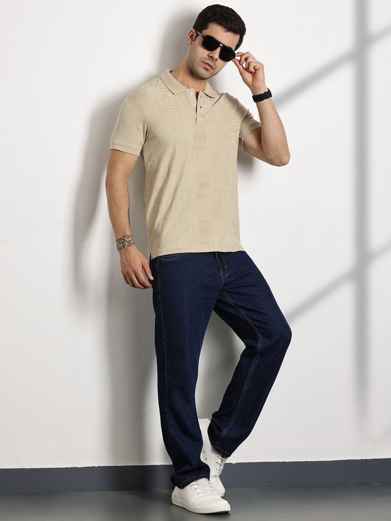Thomas Scott Men Beige Textured Polo Collar Regular Fit T-shirt