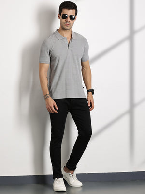 Thomas Scott Men Grey Textured Polo Collar Regular Fit T-shirt
