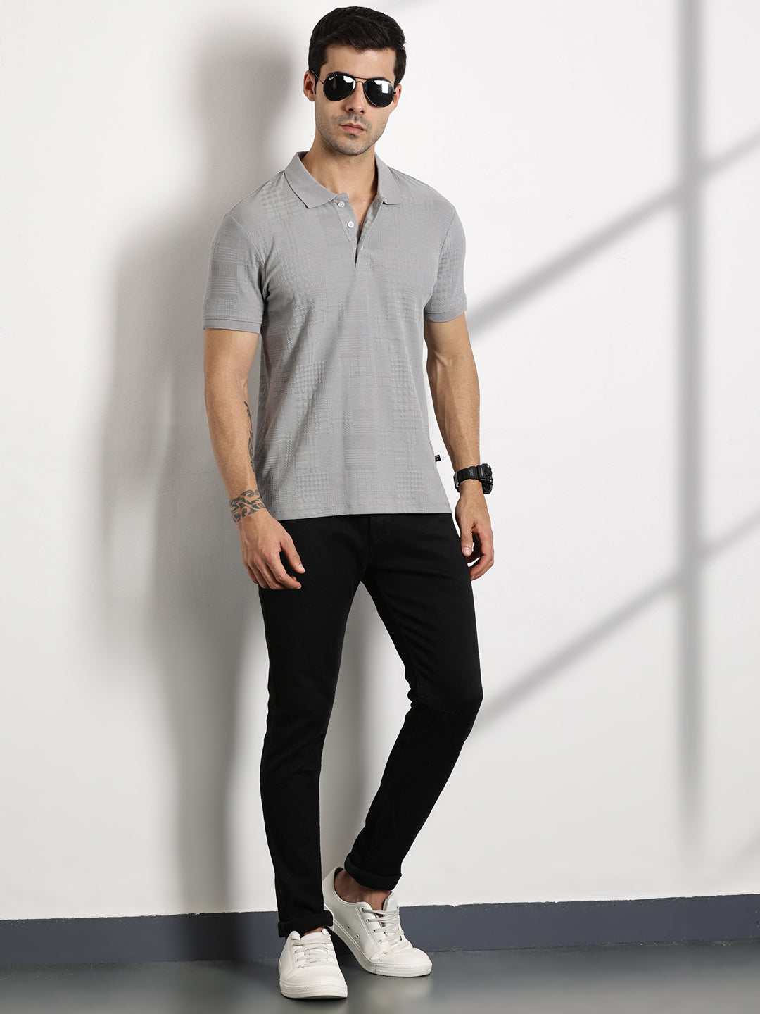 Thomas Scott Men Grey Textured Polo Collar Regular Fit T-shirt