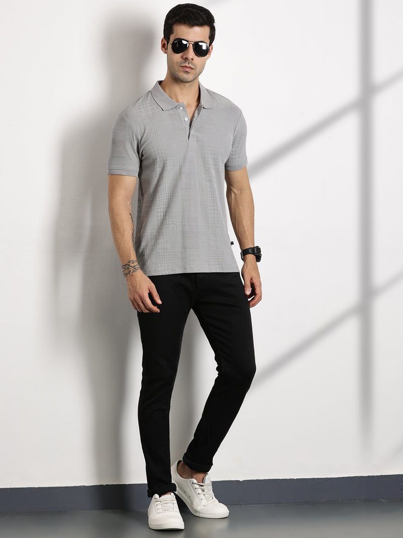 Thomas Scott Men Grey Textured Polo Collar Regular Fit T-shirt