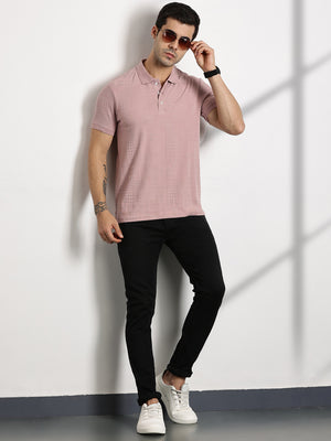 Thomas Scott Men Pink Textured Polo Collar Regular Fit T-shirt