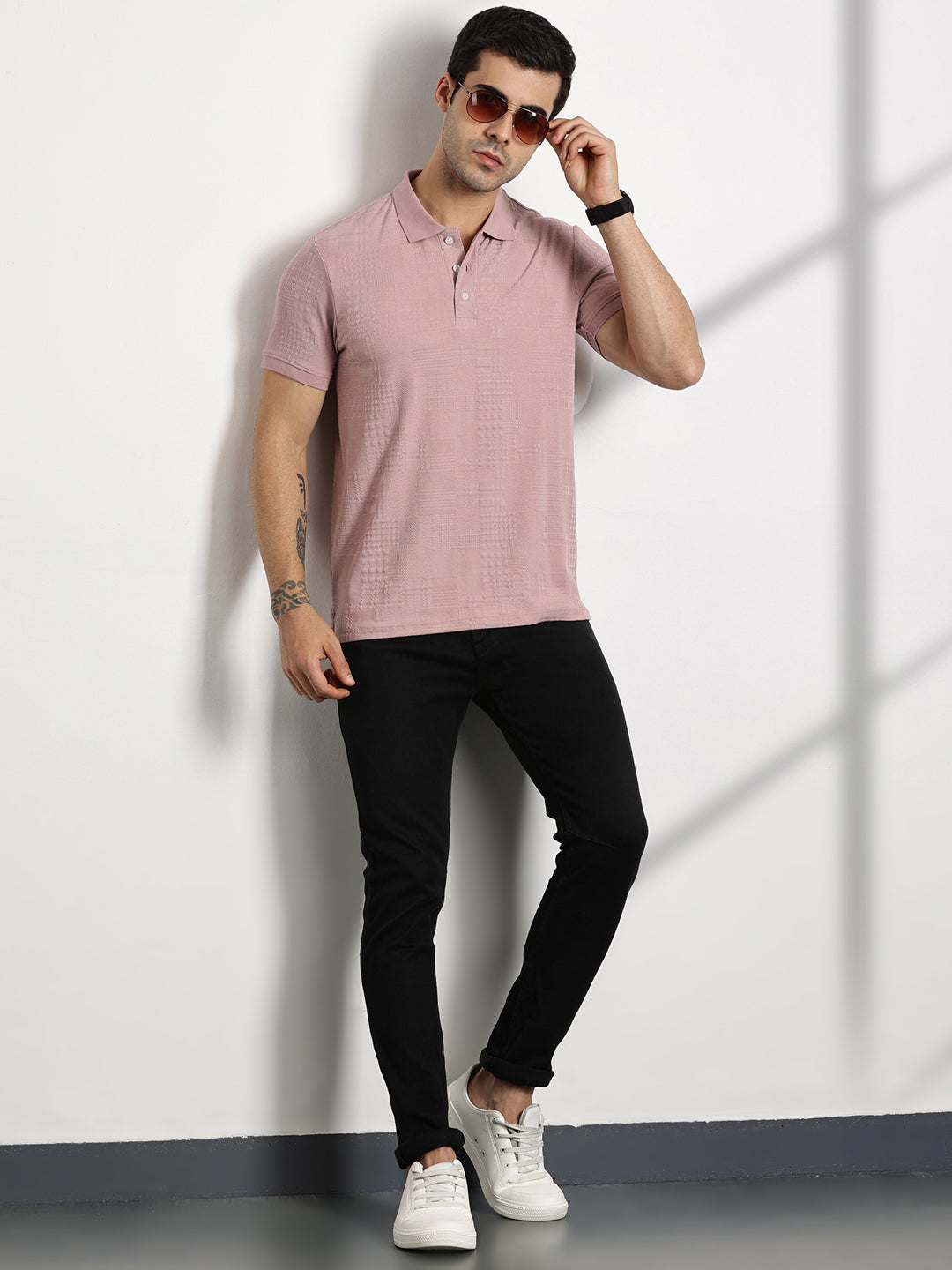 Thomas Scott Men Pink Textured Polo Collar Regular Fit T-shirt