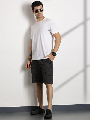 Dark Grey Relaxed Fit Mid-Rise Solid 100% Cotton Woven Cargo Shorts For Men
