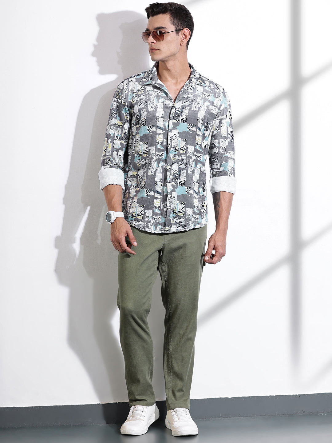 Thomas Scott Men Grey Slim Fit Long Sleeves Abstract Printed Casual Shirt