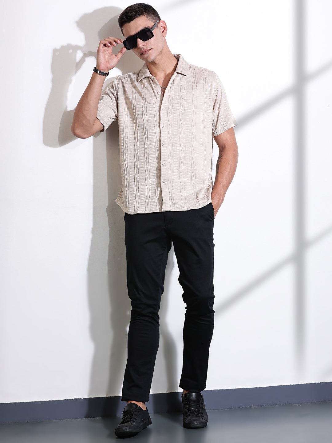 Thomas Scott Men Beige Oversized Textured Knitted Casual Shirt