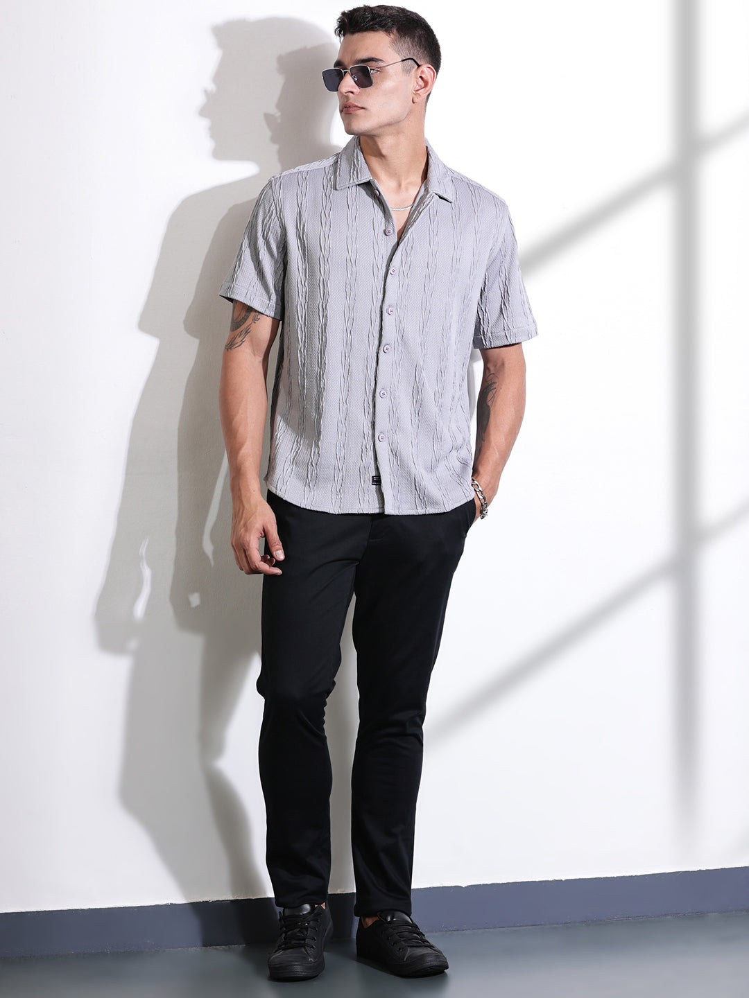Thomas Scott Men Grey Oversized Textured Knitted Casual Shirt