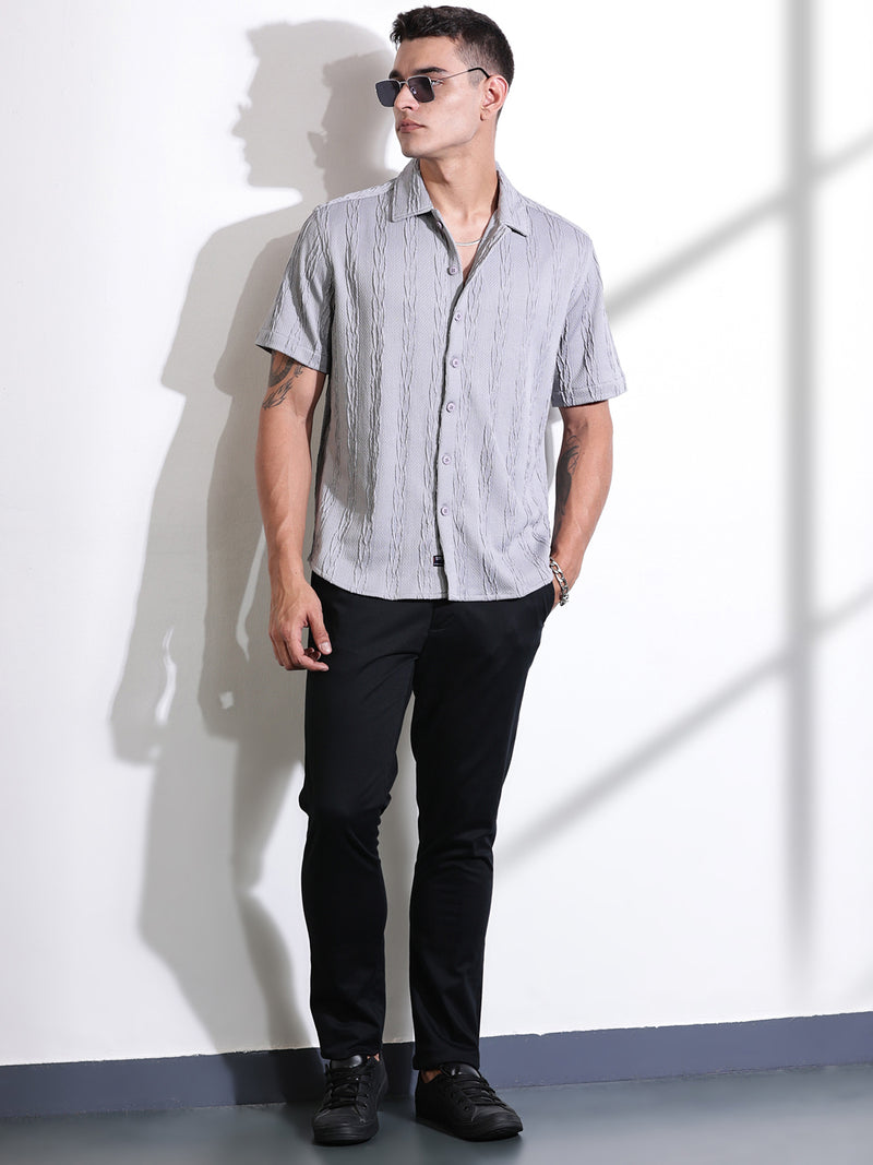 Thomas Scott Men Grey Oversized Textured Knitted Casual Shirt