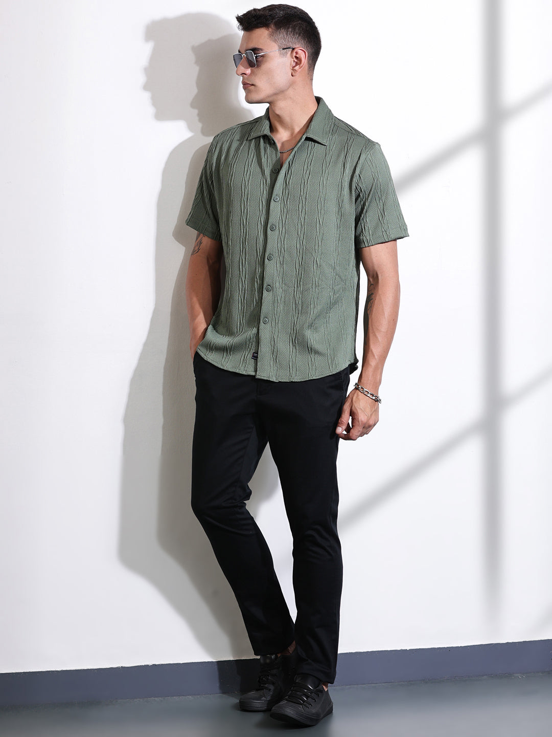 Thomas Scott Men Green Oversized Textured Knitted Casual Shirt