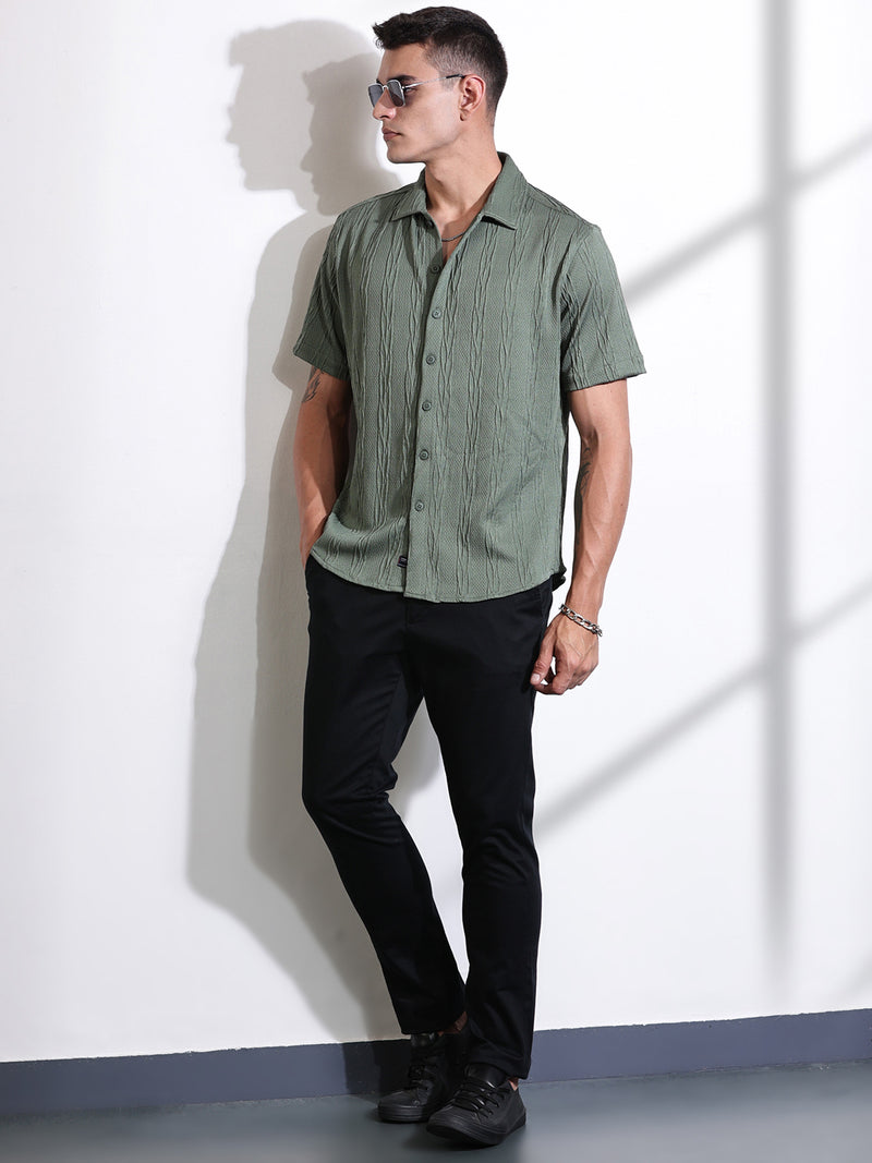 Thomas Scott Men Green Oversized Textured Knitted Casual Shirt