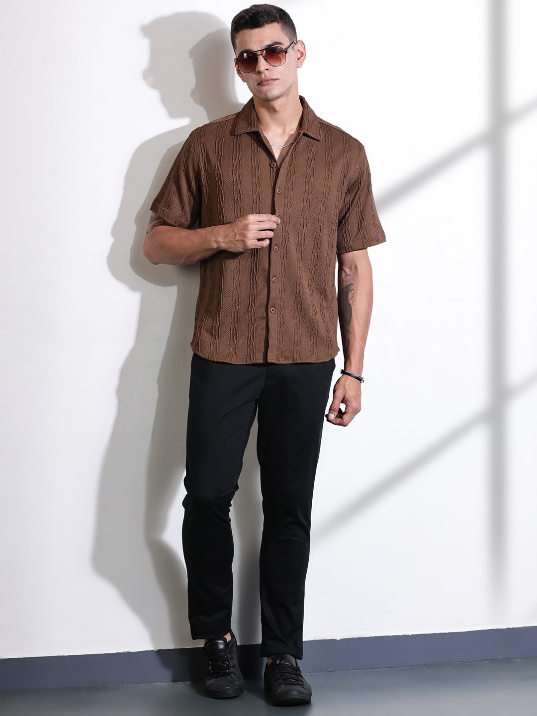 Thomas Scott Men Brown Oversized Textured Knitted Casual Shirt