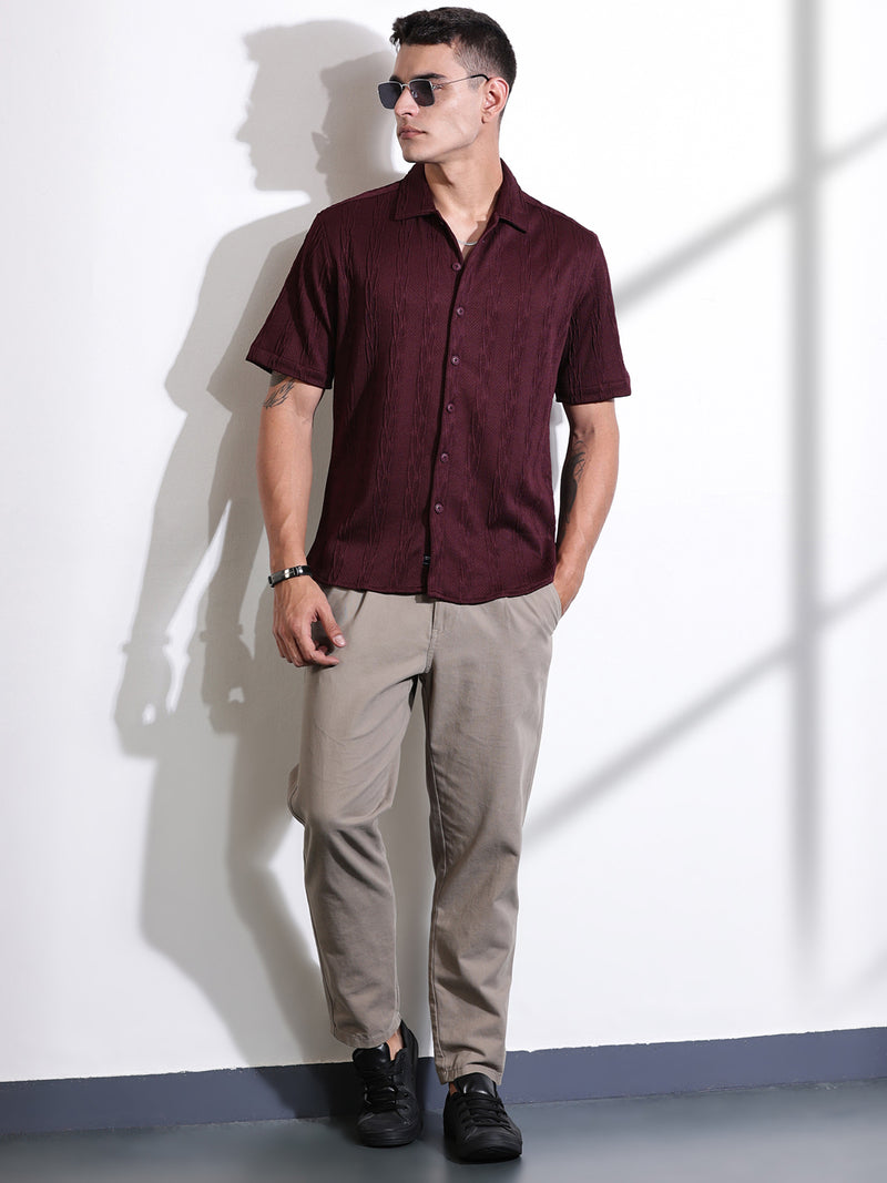 Thomas Scott Men Maroon Oversized Textured Knitted Casual Shirt