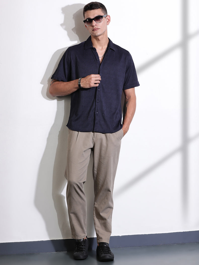 Thomas Scott Men Navy Oversized Textured Knitted Casual Shirt