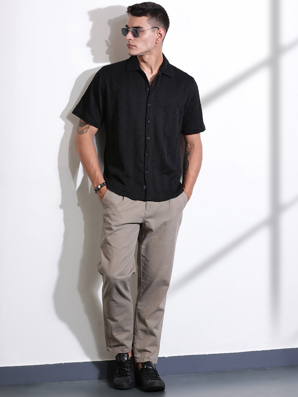 Thomas Scott Men Black Oversized Textured Knitted Casual Shirt