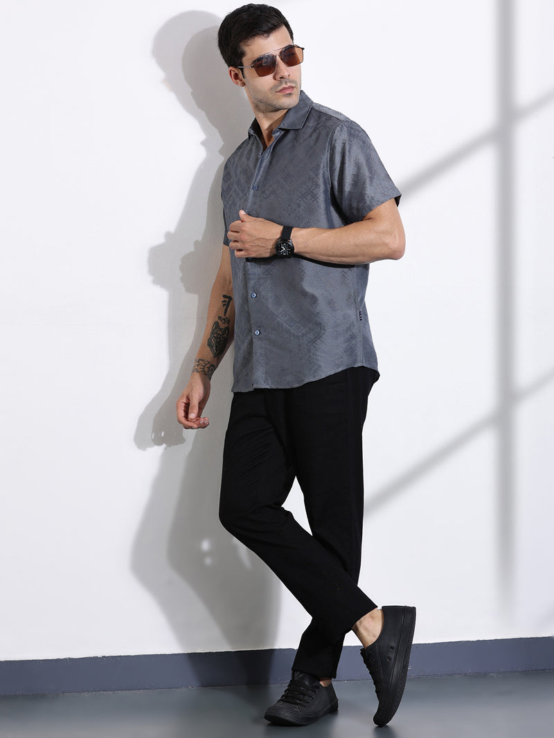 Thomas Scott Men Grey Slim Fit Geometric Print Casual Shirt