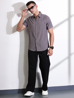Thomas Scott Men Grey Slim Fit Textured Seersucker Casual Shirt