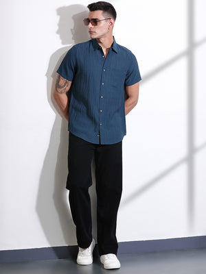 Thomas Scott Men Teal Slim Fit Textured Seersucker Casual Shirt