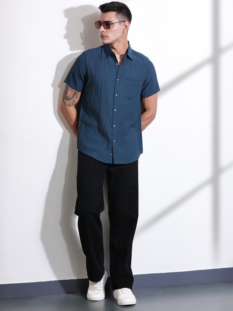Thomas Scott Men Teal Slim Fit Textured Seersucker Casual Shirt