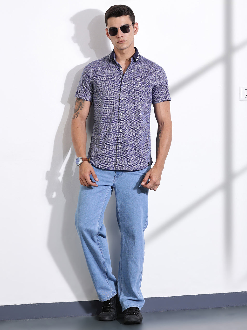 Thomas Scott Men Navy Slim Fit Abstract Printed Knit Shirt
