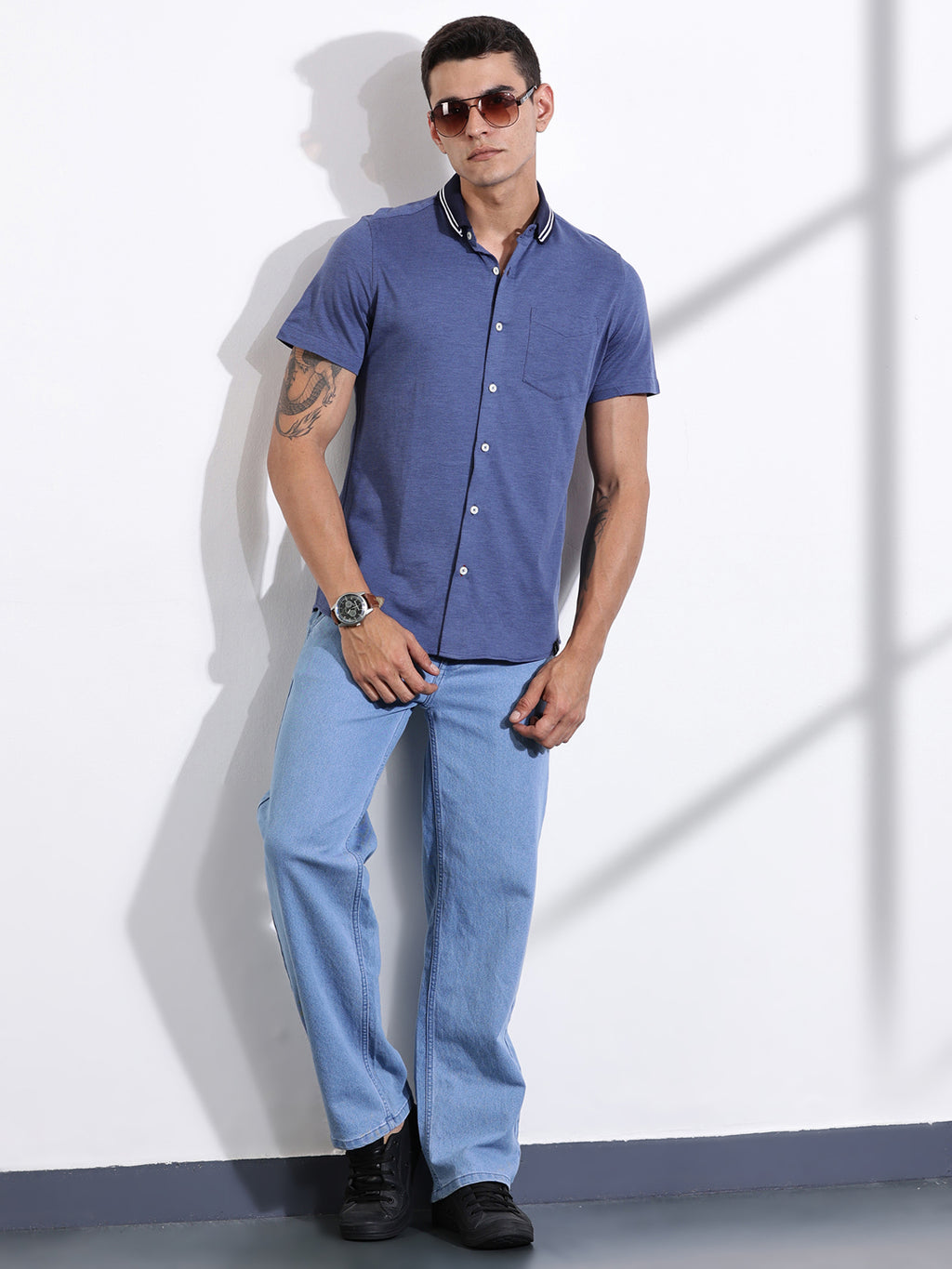 Thomas Scott Men DarkBlue Slim Fit Solid Knit Shirt