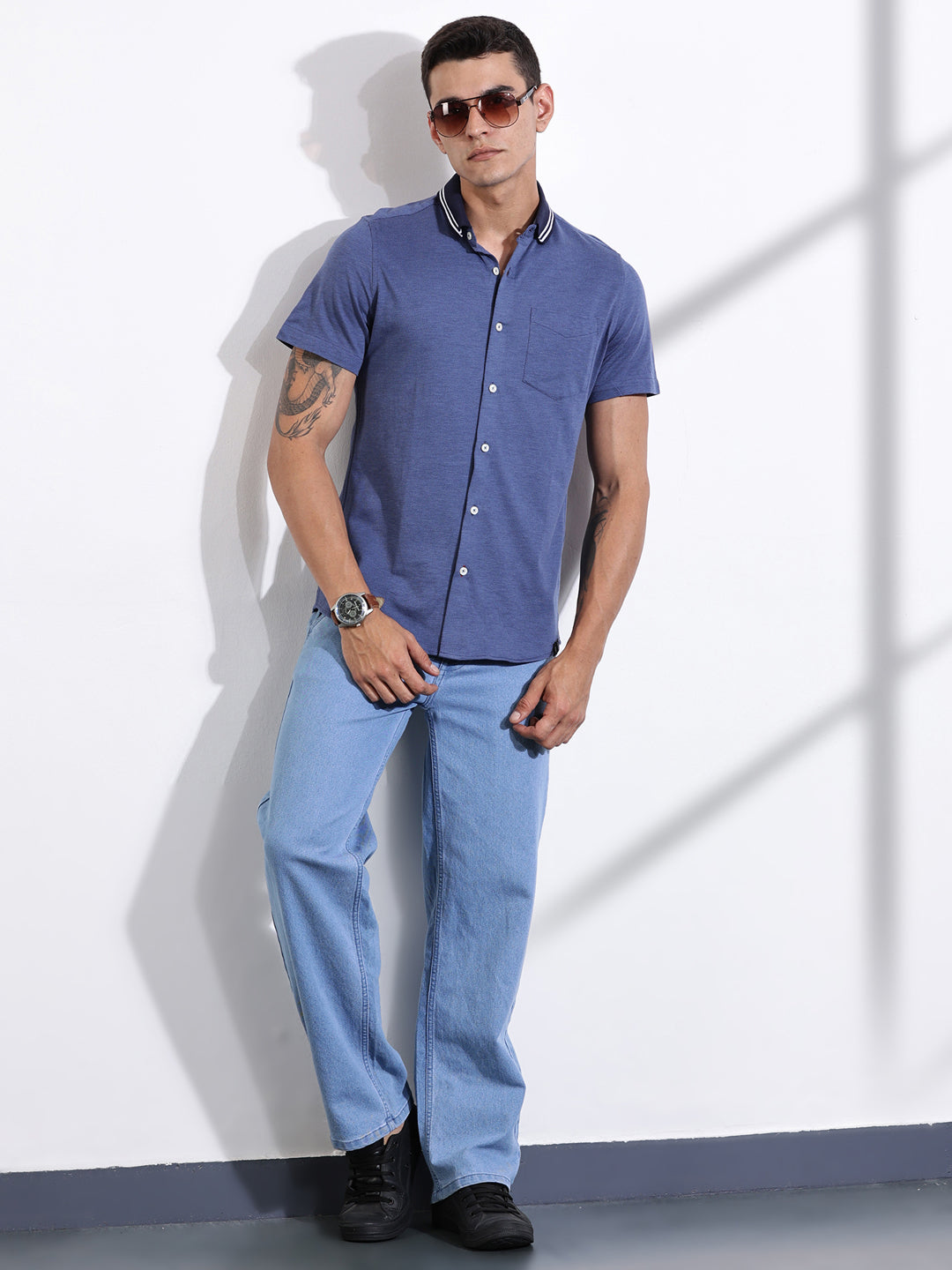 Thomas Scott Men DarkBlue Slim Fit Solid Knit Shirt