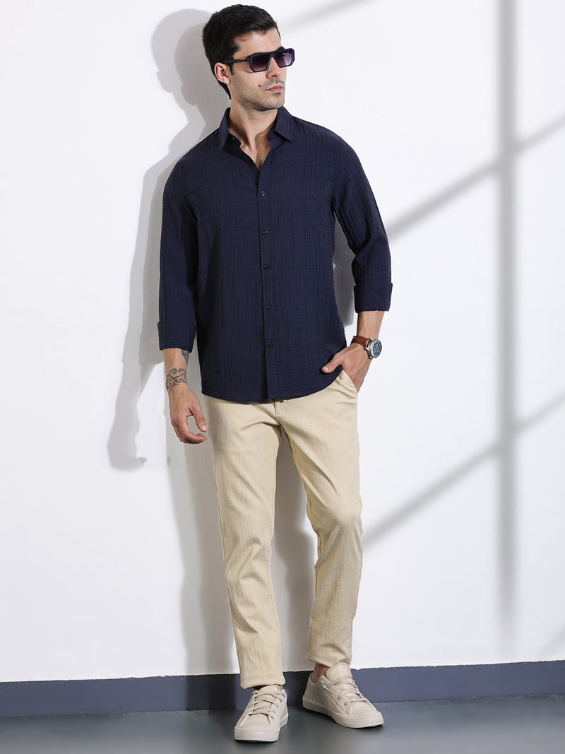 Thomas Scott Men MidBlue Slim Fit Solid Seersucker Casual Shirt