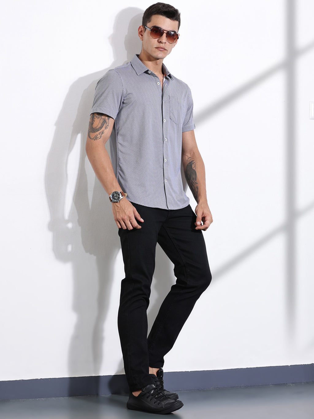 Thomas Scott Men Navy Slim Fit Micro Ditsy Printed Knitted Shirt