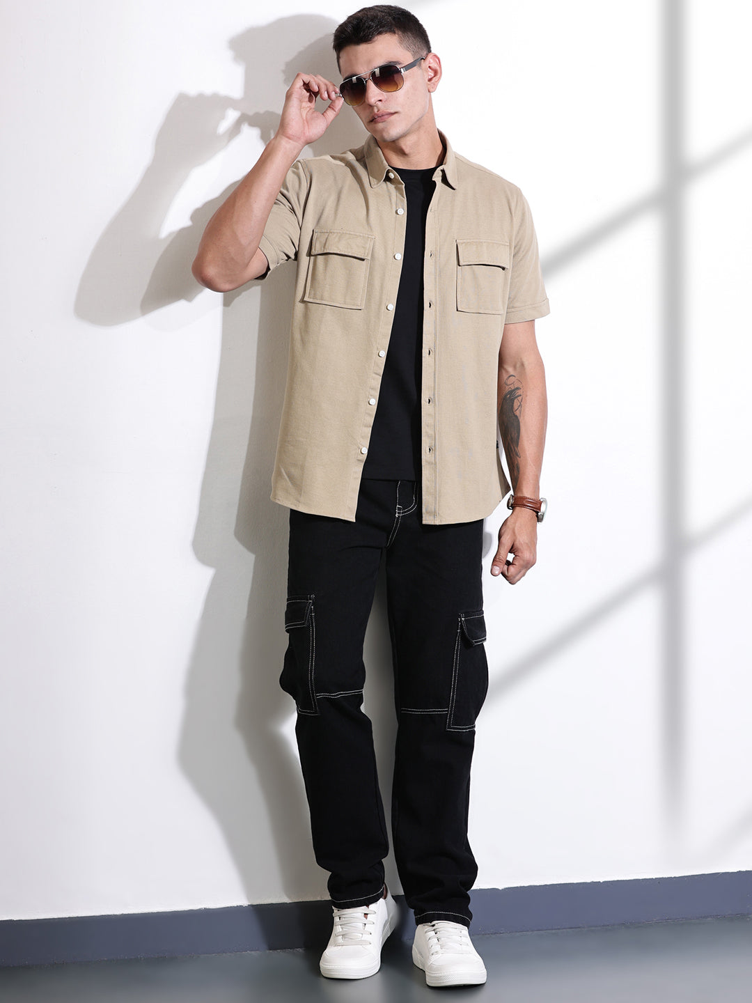 Thomas Scott Men Beige Slim Fit Short Sleeve Solid Cotton Knitted Shirt