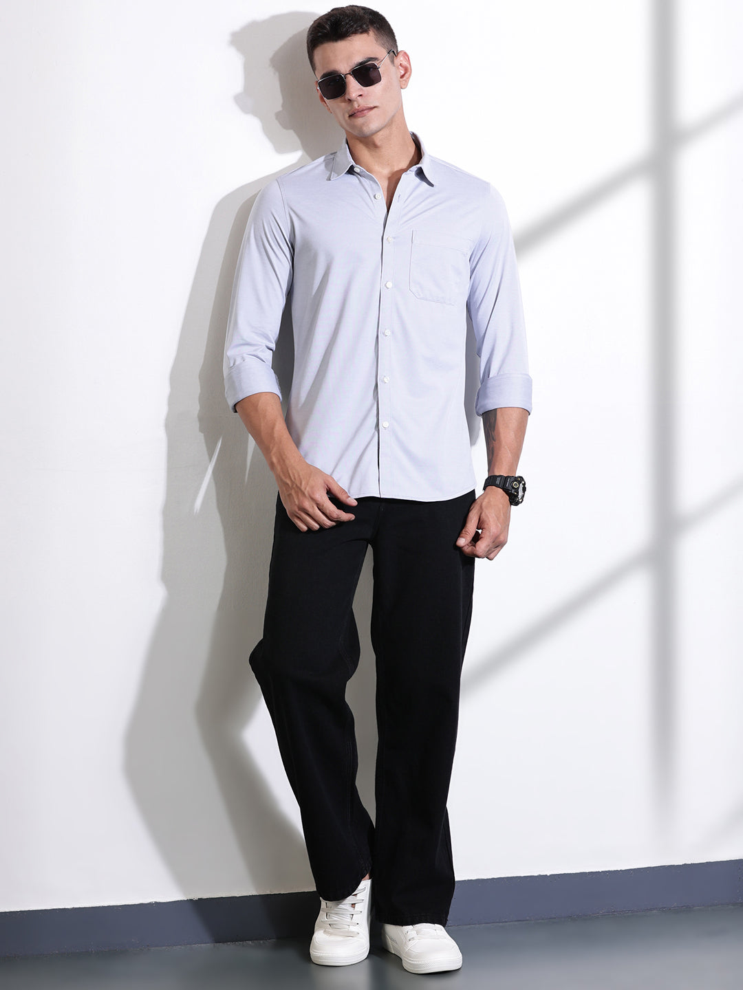 Thomas Scott Men LightGrey Slim Fit Solid Casual Shirt