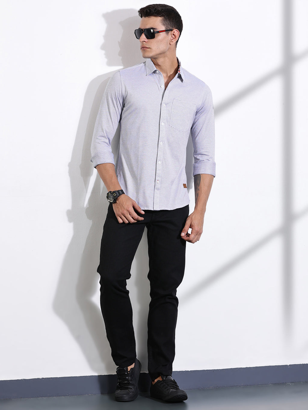 Thomas Scott Men Black Slim Fit Spread Collar Horizontal Striped Cotton Knitted Shirt