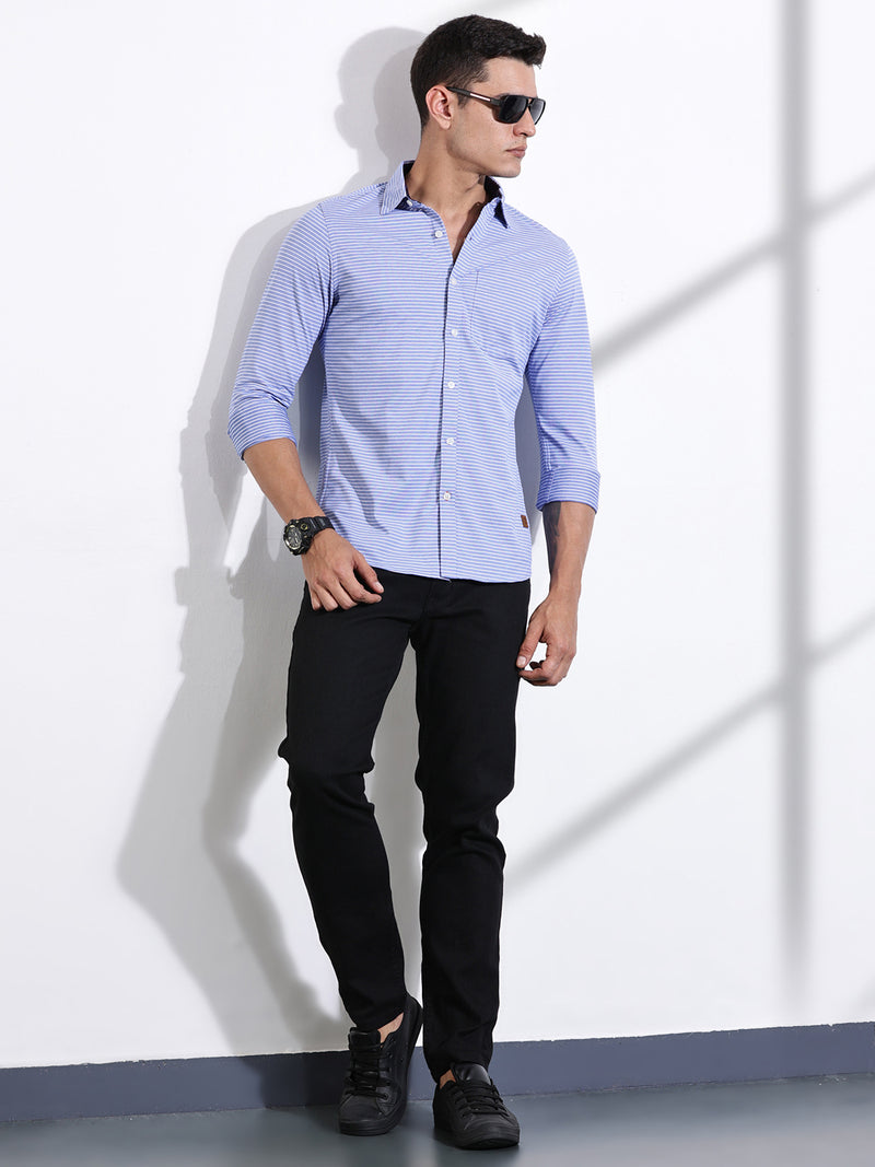 Thomas Scott Men Blue Slim Fit Horizontal Stripes Casual Shirt