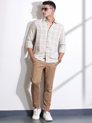 Beige Slim Fit Windowpane Checked Cotton Casual Shirt