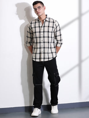Black Slim Fit Windowpane Checked Cotton Casual Shirt