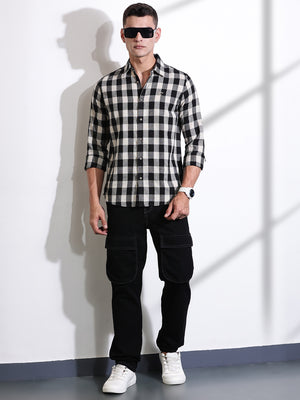 Thomas Scott Men Black Slim Fit Windowpane Checked Cotton Casual Shirt