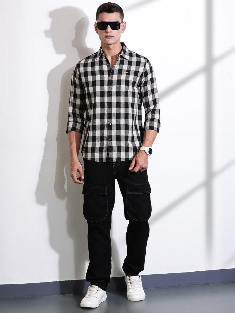 Thomas Scott Men Black Slim Fit Windowpane Checked Cotton Casual Shirt