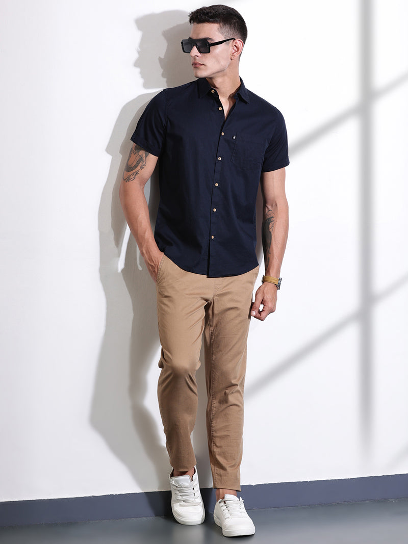 Thomas Scott Men Navy Slim Fit Solid Cotton Casual Shirt