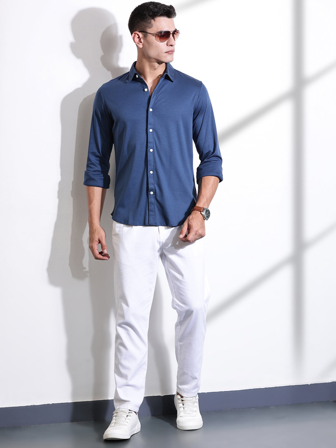 Thomas Scott Men Medium Blue Spread Collar Slim Fit Long Sleeves Solid Knitted Shirt